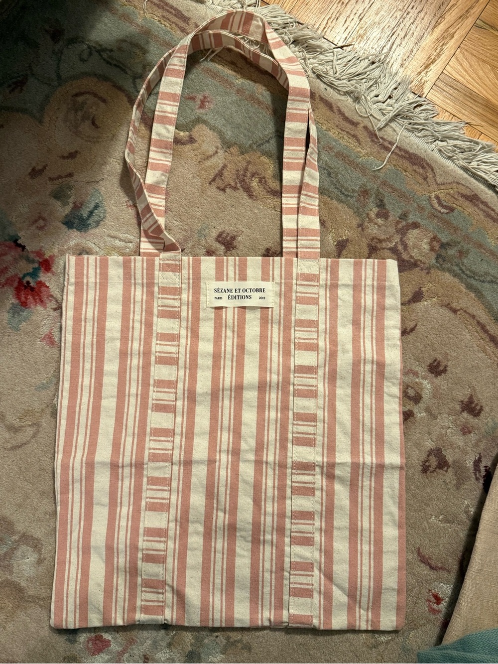 Sezane x Octobre Pink and Cream Striped Canvas Tote